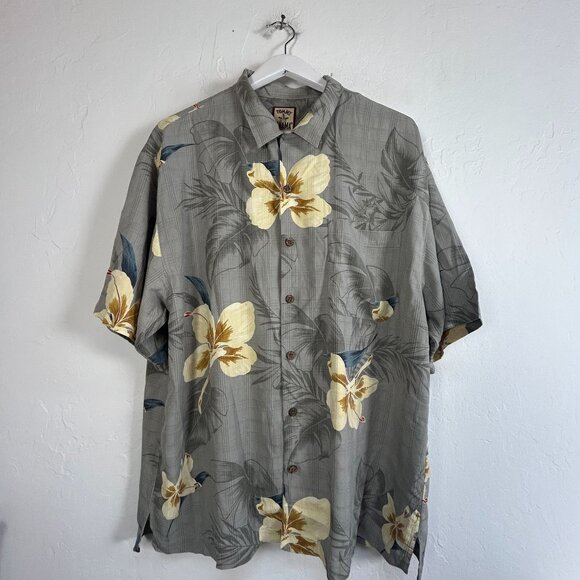 Tommy Bahama Mens Hawaiian Floral Silk Shirt Gray/Yellow Size XL Short Sleeve - Picture 1 of 7